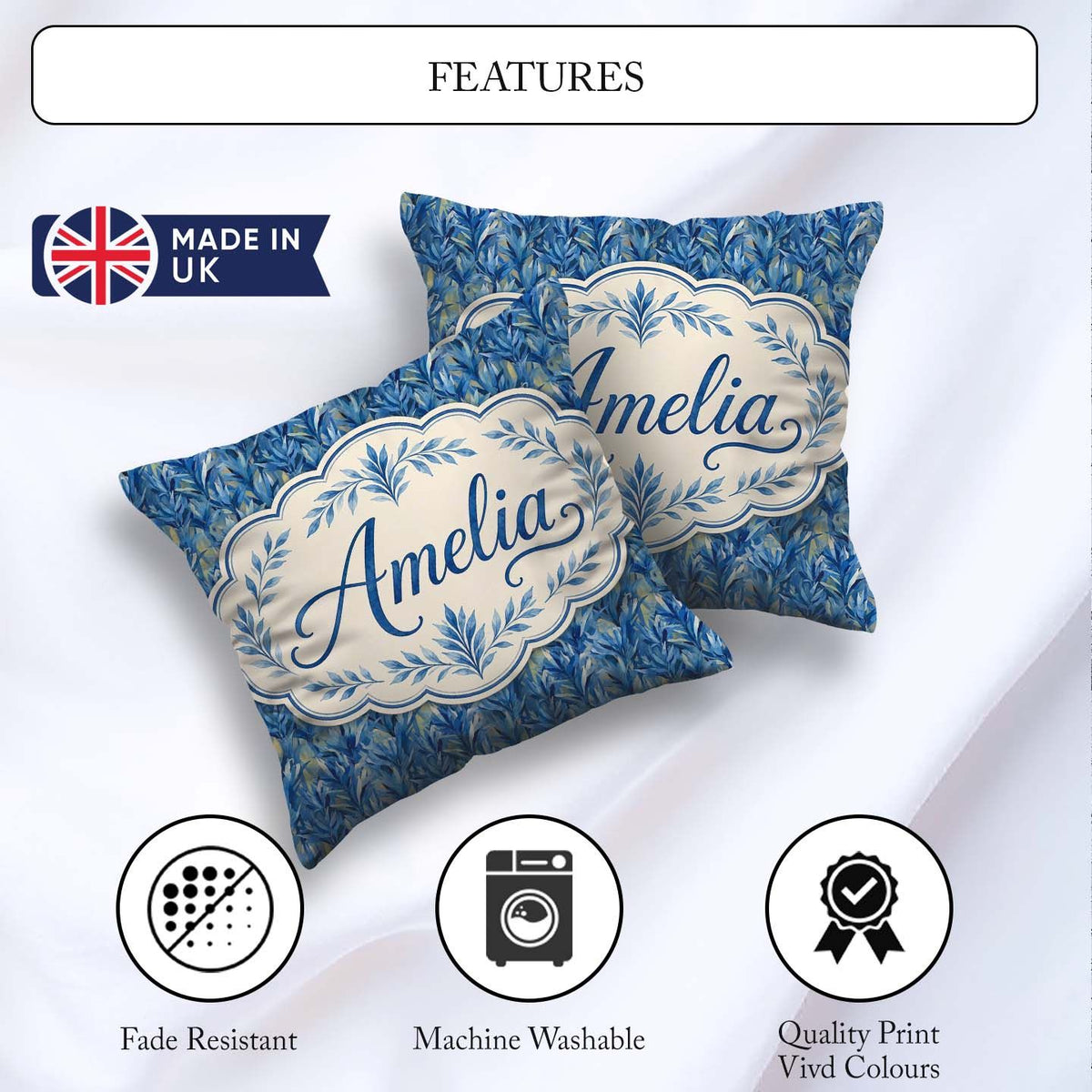 Custom Name Abstract Blue Tropical Leaf Painterly Pattern Lovely Square Filled Cushion Throw Pillow Sofa Bed Home Decor Zip Washable UK Made
