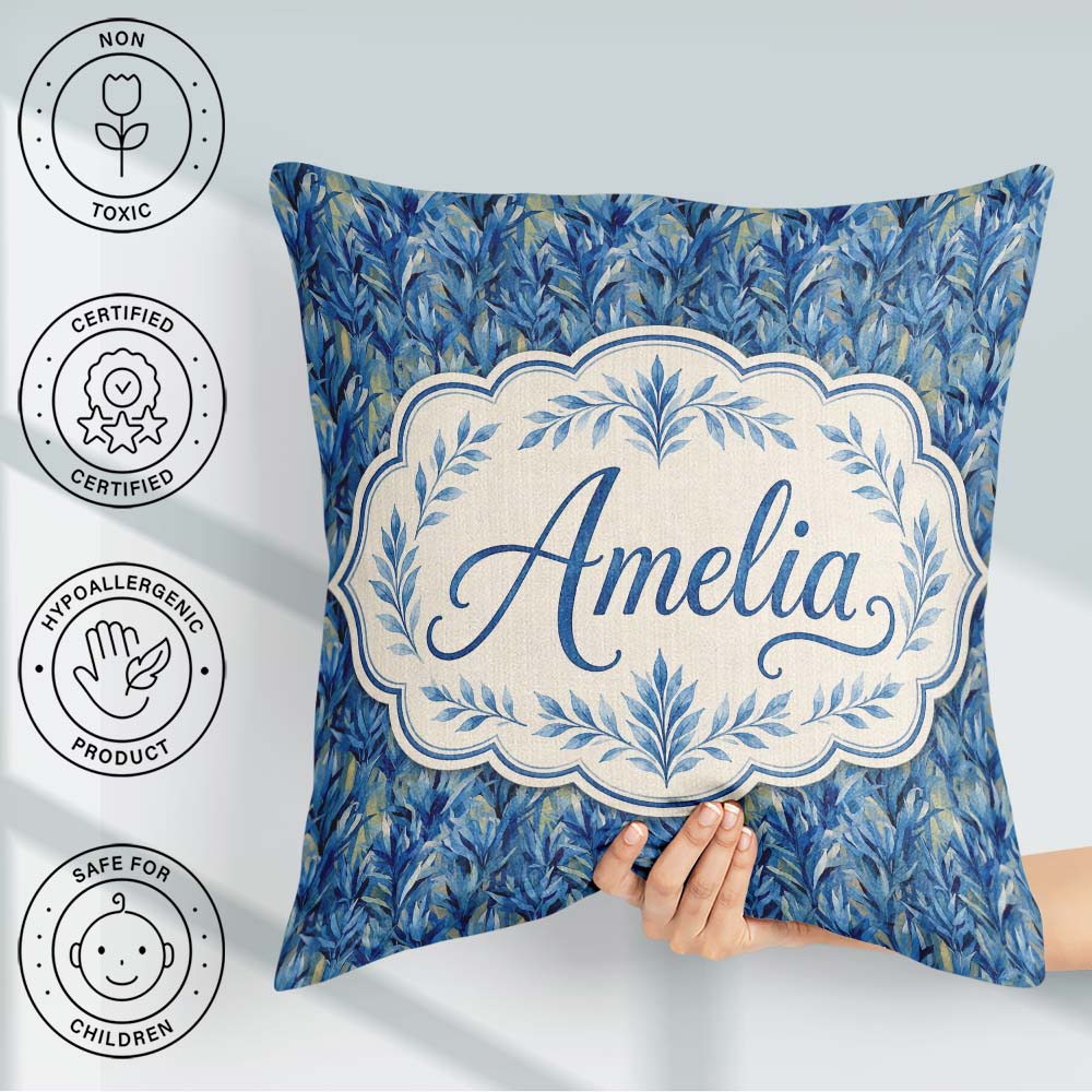 Custom Name Abstract Blue Tropical Leaf Painterly Pattern Lovely Square Filled Cushion Throw Pillow Sofa Bed Home Decor Zip Washable UK Made
