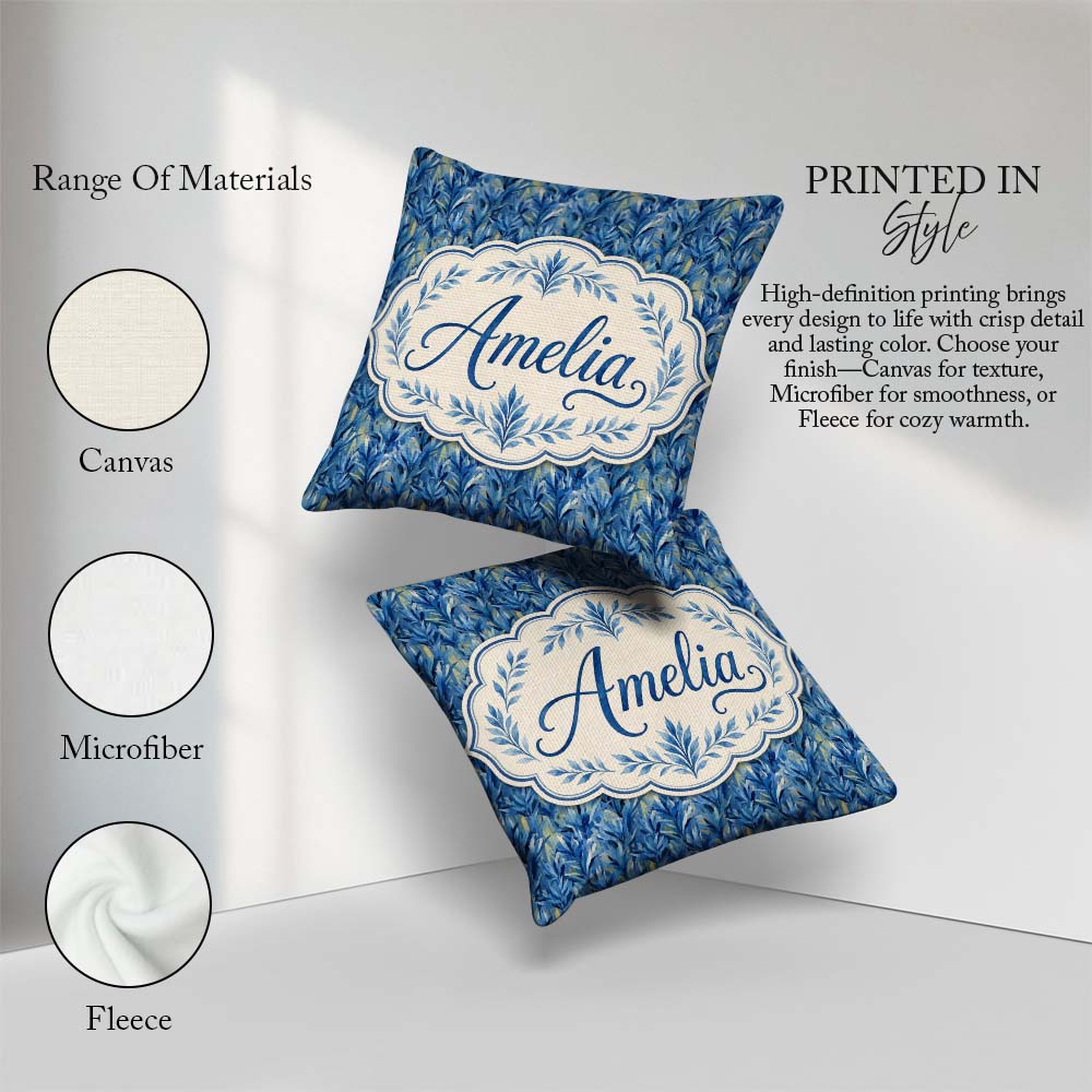 Custom Name Abstract Blue Tropical Leaf Painterly Pattern Lovely Square Filled Cushion Throw Pillow Sofa Bed Home Decor Zip Washable UK Made