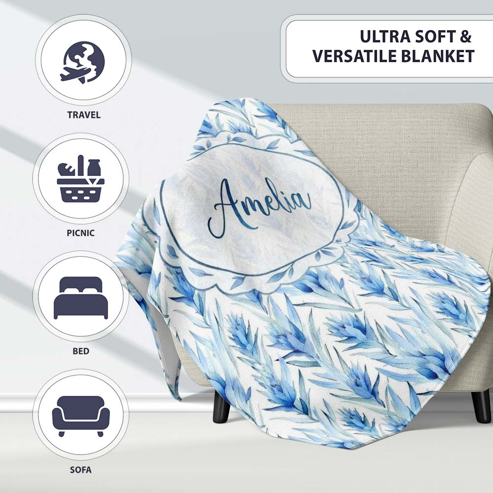 Soft Blue Botanical Watercolor Leaf Seamless Pattern Lovely Personalised Custom Name Super Soft Fleece Blanket Bed Sofa Throw