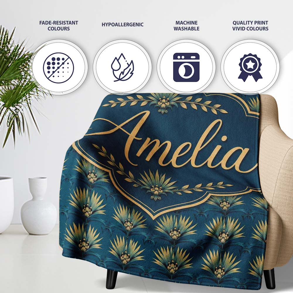 Art Deco Gold and Teal Floral Fan Seamless Pattern Cute Unique Gift Personalised Custom Name Super Soft Fleece Blanket Bed Sofa Throw