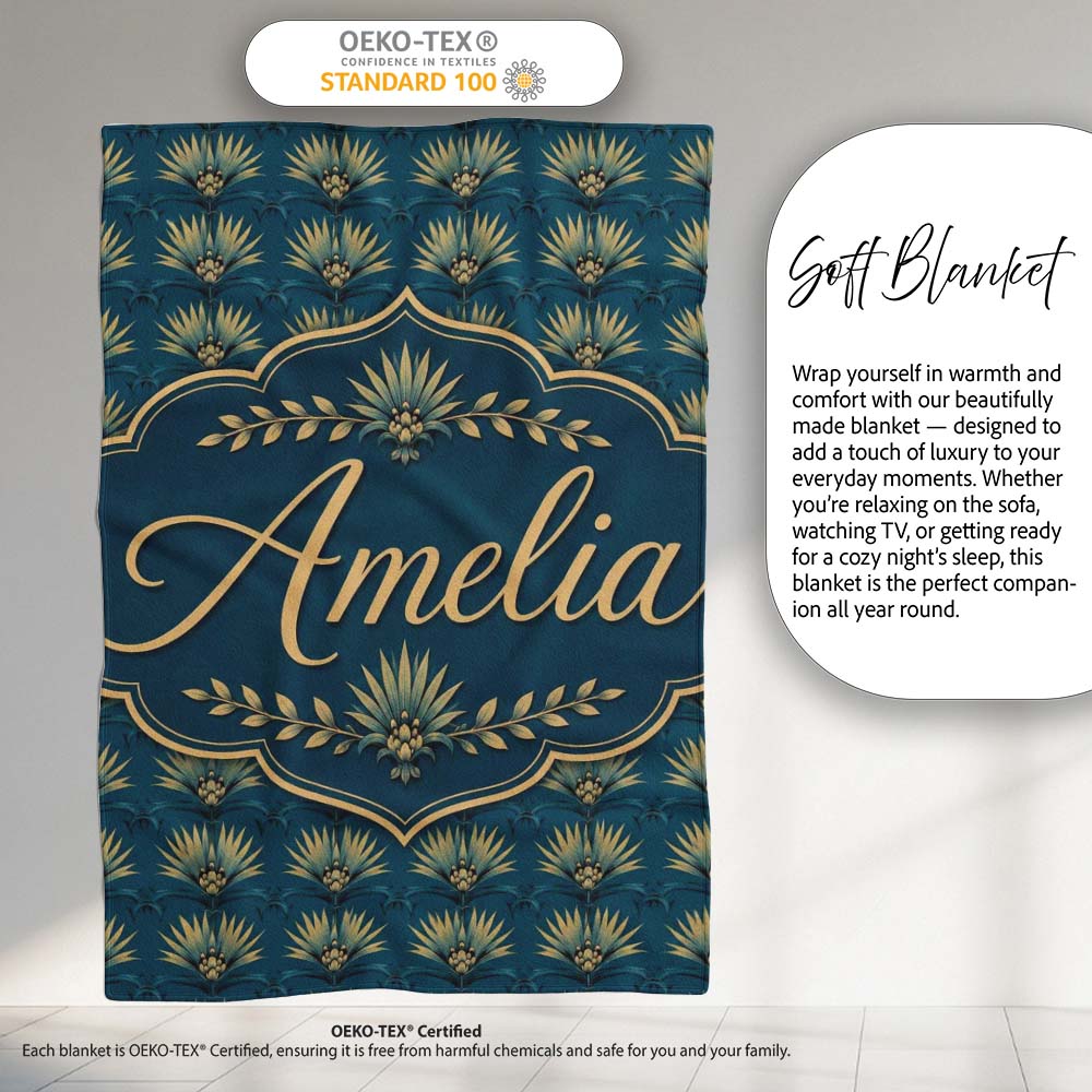 Art Deco Gold and Teal Floral Fan Seamless Pattern Cute Unique Gift Personalised Custom Name Super Soft Fleece Blanket Bed Sofa Throw