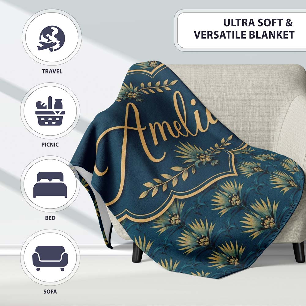 Art Deco Gold and Teal Floral Fan Seamless Pattern Cute Unique Gift Personalised Custom Name Super Soft Fleece Blanket Bed Sofa Throw