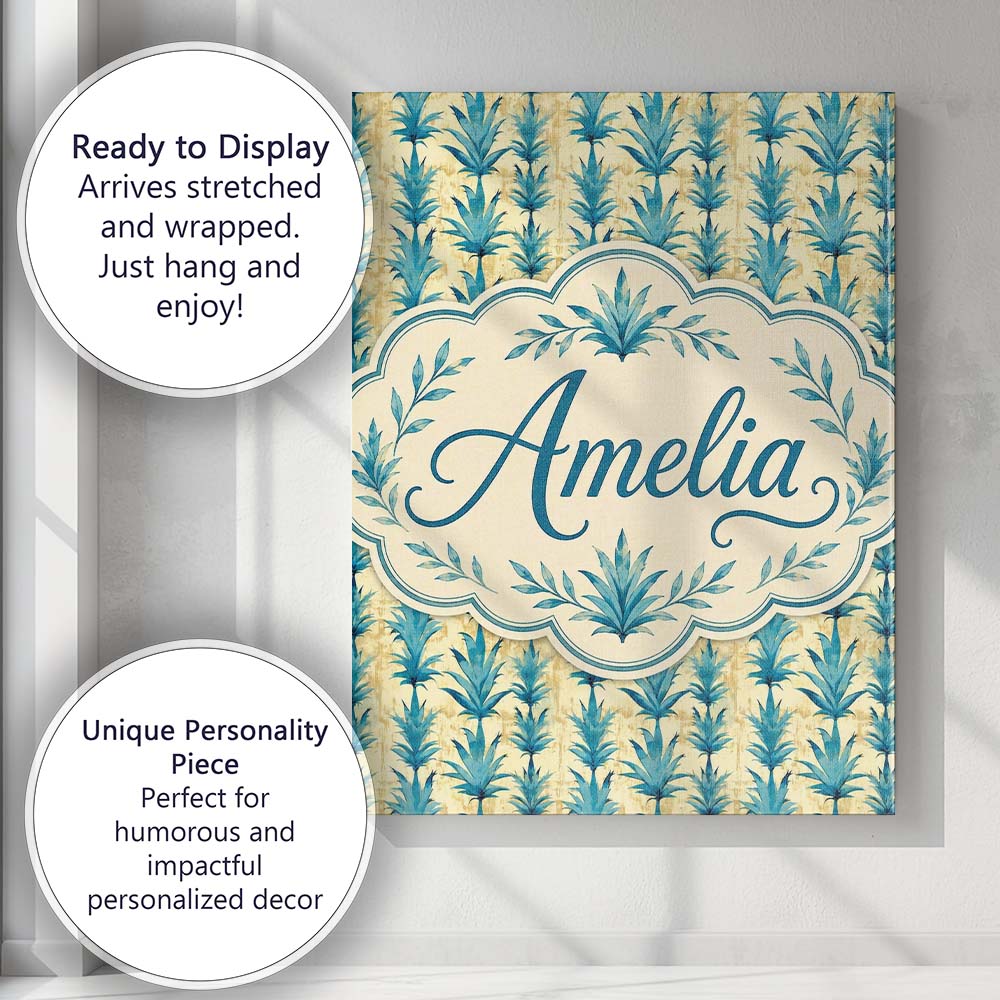 Personalised Name Teal Tropical Leaf Custom Premium Decorative Design Modern Room Accent Canvas Wall Art Print Decor Picture Ready to Hang