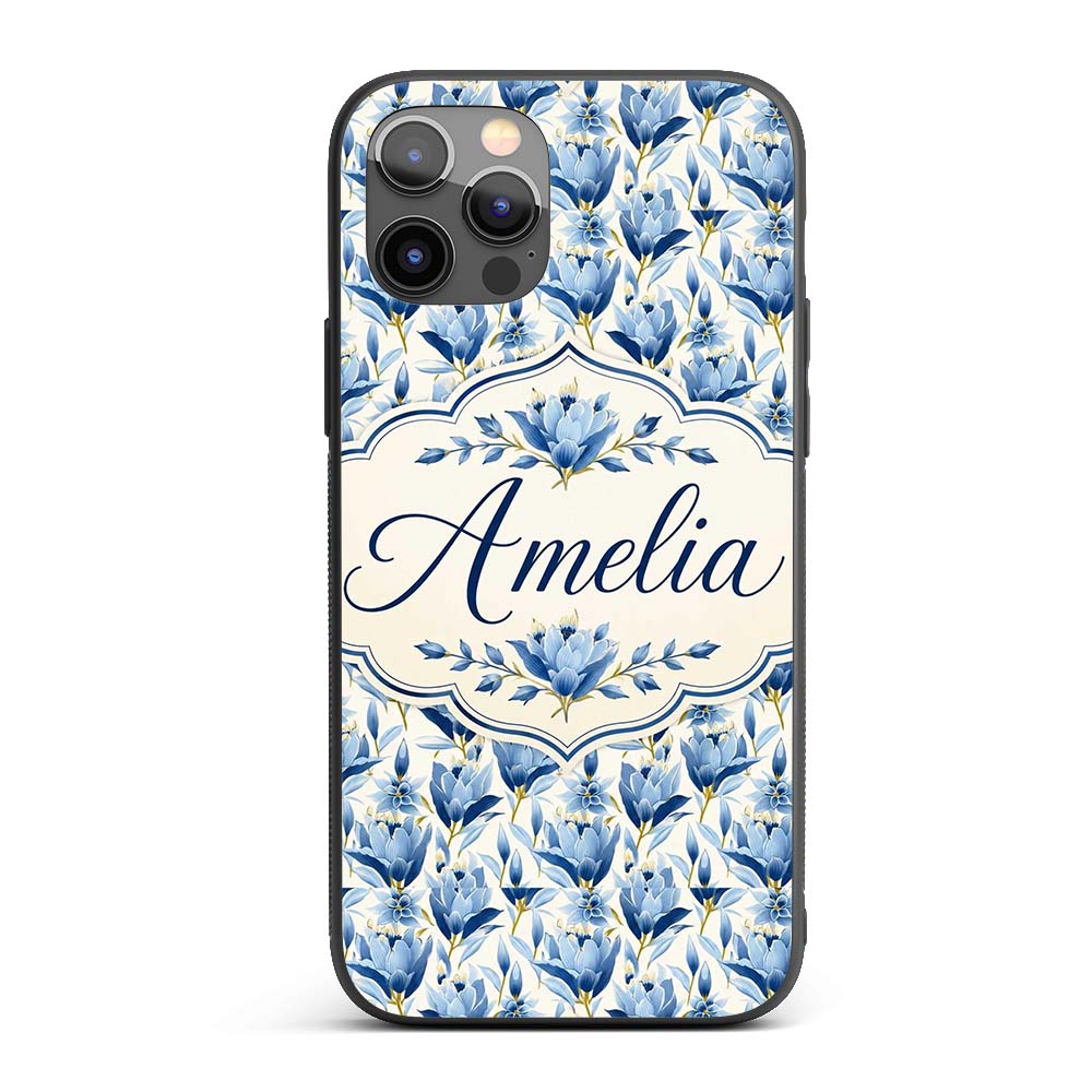 Blue Floral Botanical Elegant Seamless Pattern Custom Name Protective Phone Case Mobile Cover Durable Everyday Smartphone Shock Resistant