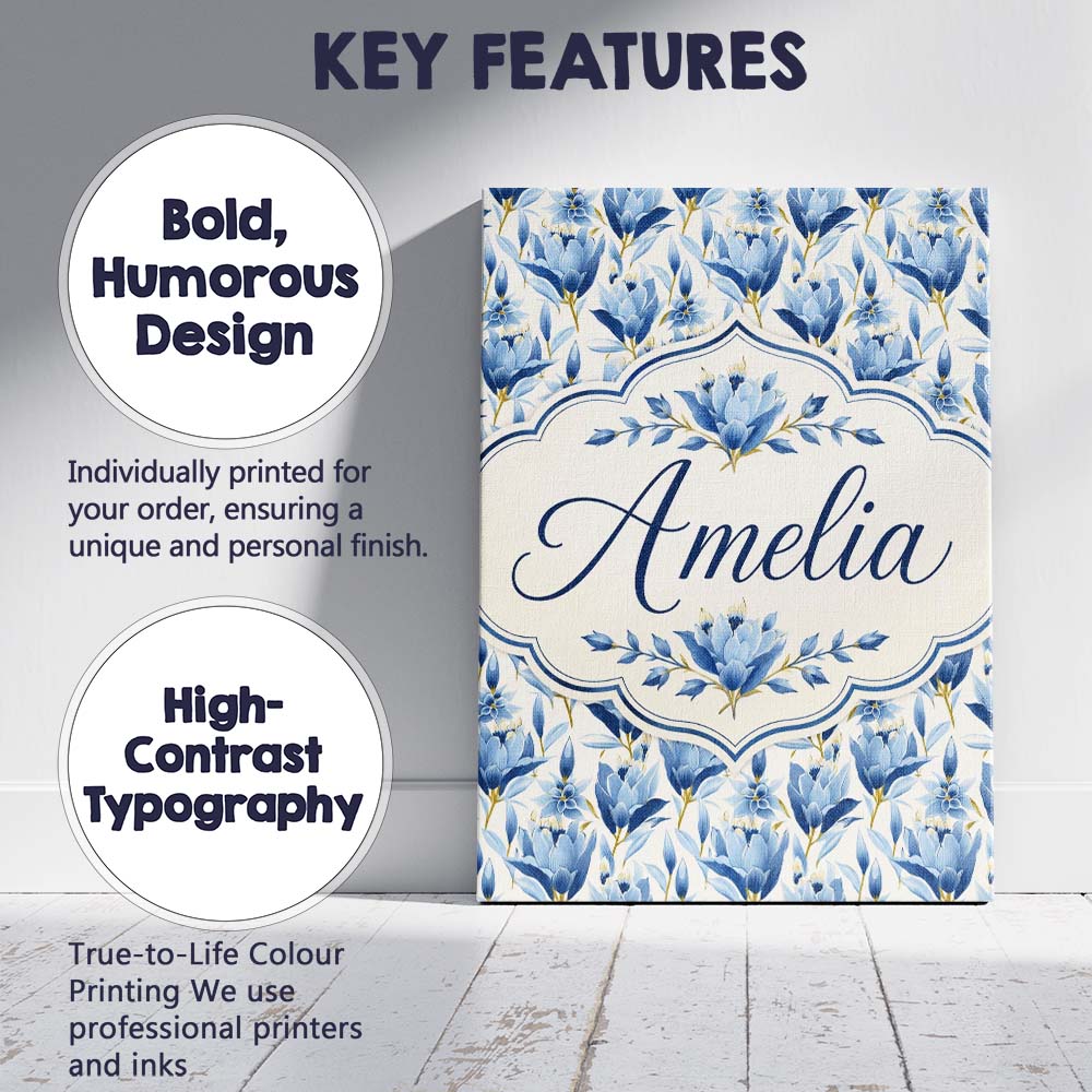 Personalised Name Blue Floral Botanical Custom Modern Room Accent Elegant Feature Canvas Wall Art Print Decor Picture Ready to Hang