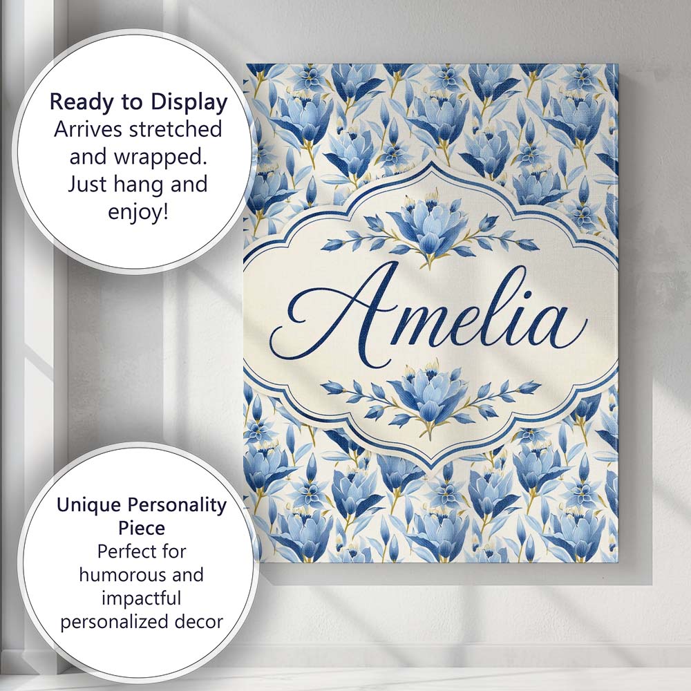 Personalised Name Blue Floral Botanical Custom Modern Room Accent Elegant Feature Canvas Wall Art Print Decor Picture Ready to Hang