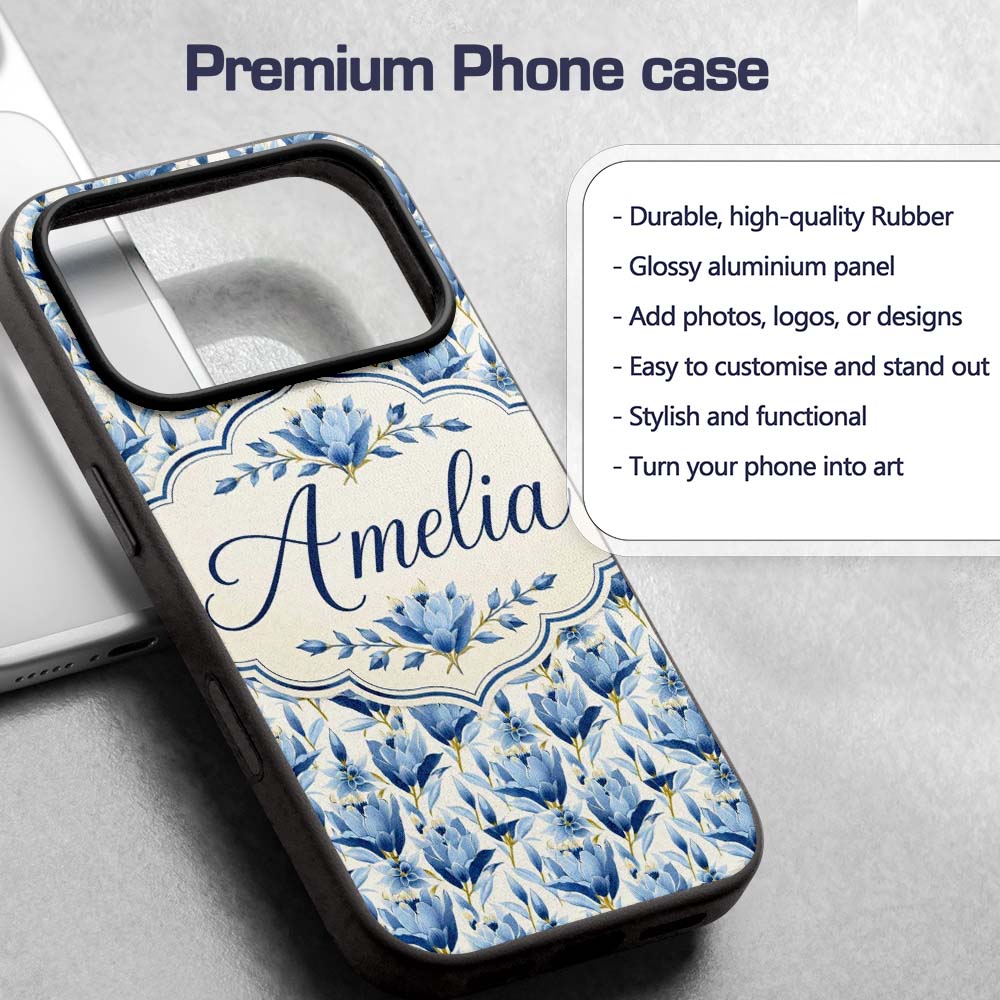 Blue Floral Botanical Elegant Seamless Pattern Custom Name Protective Phone Case Mobile Cover Durable Everyday Smartphone Shock Resistant