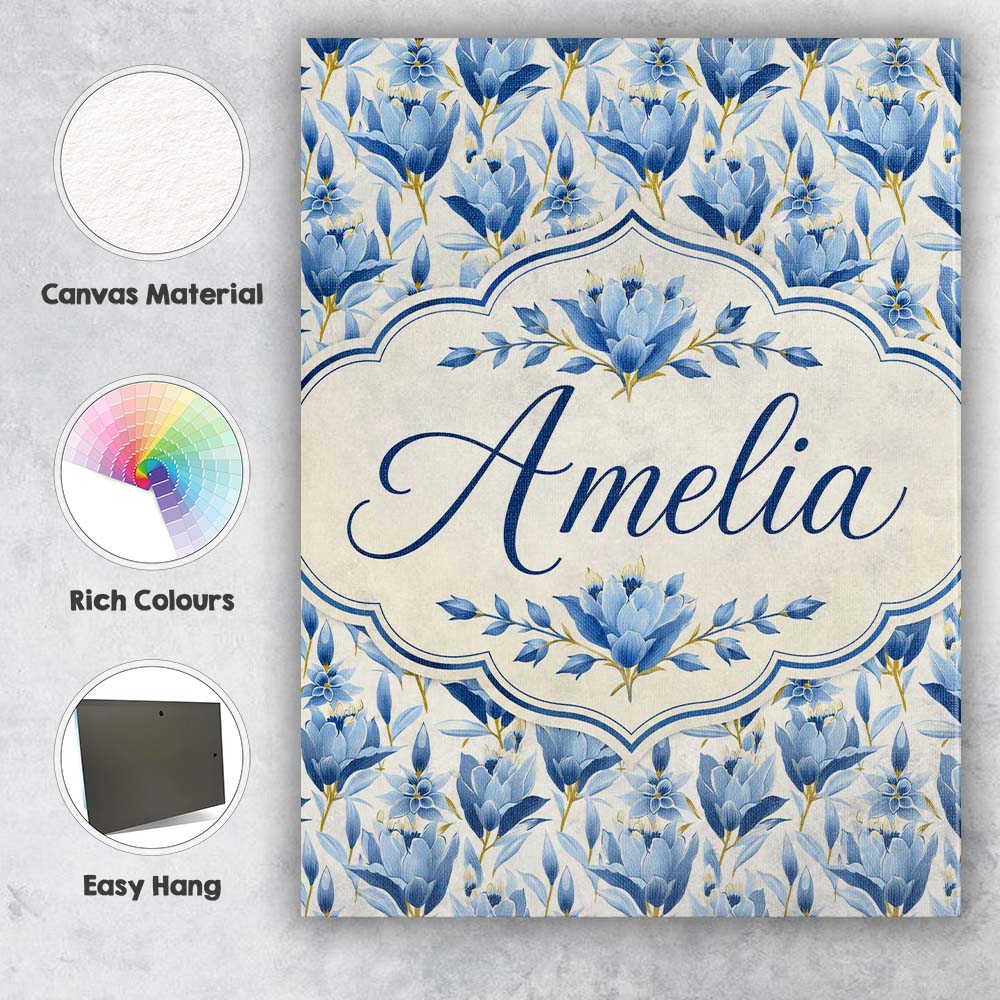 Personalised Name Blue Floral Botanical Custom Modern Room Accent Elegant Feature Canvas Wall Art Print Decor Picture Ready to Hang
