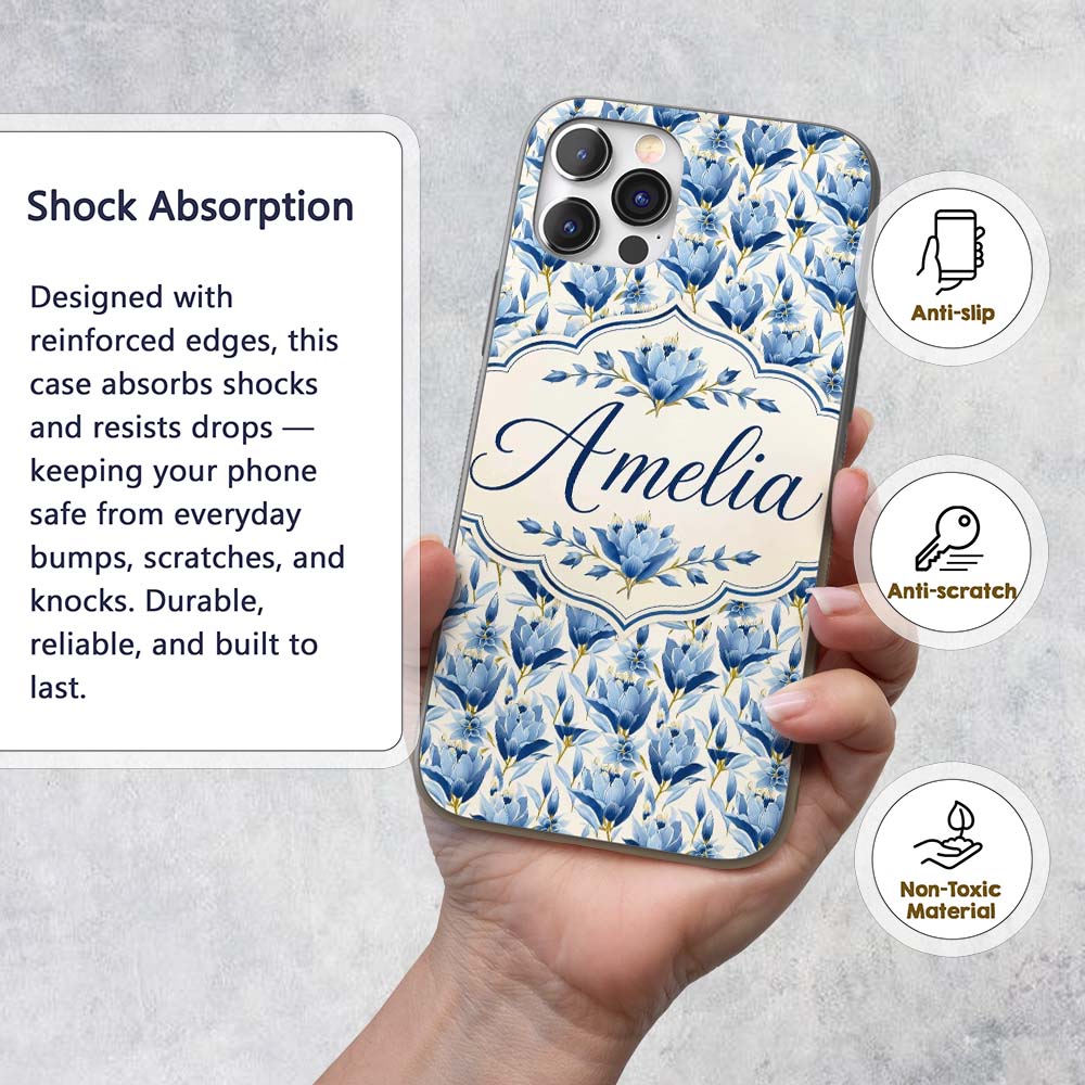 Blue Floral Botanical Elegant Seamless Pattern Custom Name Protective Phone Case Mobile Cover Durable Everyday Smartphone Shock Resistant