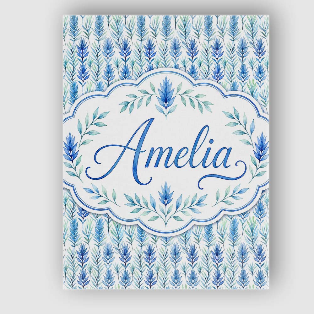 Personalised Name Blue and Green Leaf Custom Modern Room Accent Creative Decorator Style Canvas Wall Art Print Decor Picture Ready to Hang