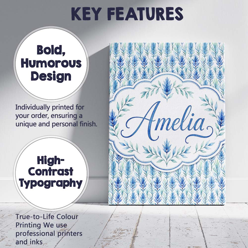 Personalised Name Blue and Green Leaf Custom Modern Room Accent Creative Decorator Style Canvas Wall Art Print Decor Picture Ready to Hang