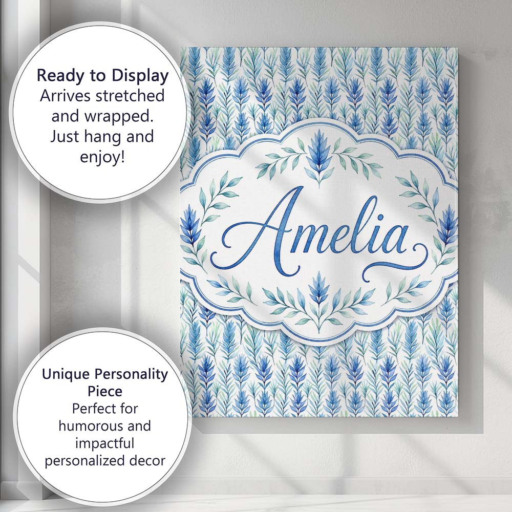 Personalised Name Blue and Green Leaf Custom Modern Room Accent Creative Decorator Style Canvas Wall Art Print Decor Picture Ready to Hang