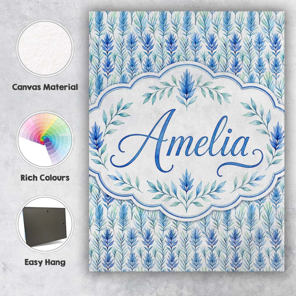 Personalised Name Blue and Green Leaf Custom Modern Room Accent Creative Decorator Style Canvas Wall Art Print Decor Picture Ready to Hang