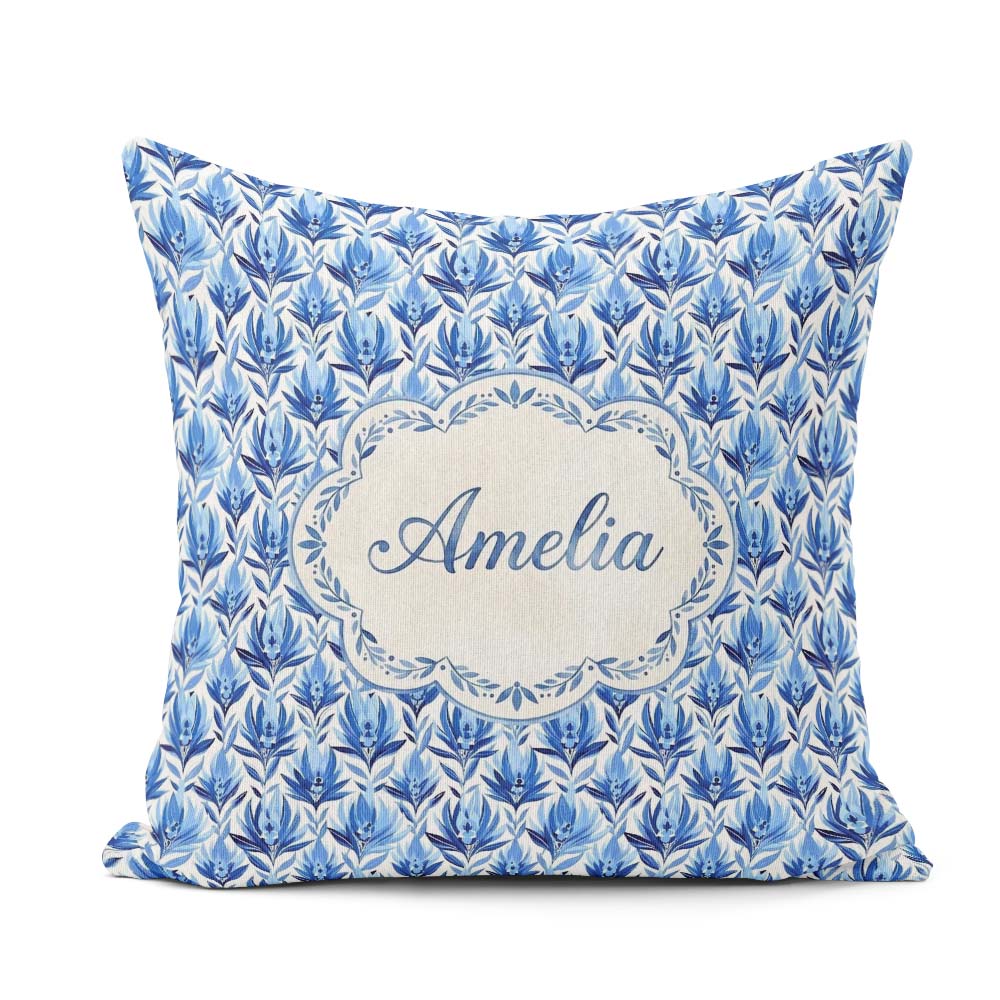 Custom Name Blue Art Deco Botanical Leaf Repeat Seamless Pattern Square Filled Cushion Throw Pillow Sofa Bed Home Decor Zip Washable UK Made
