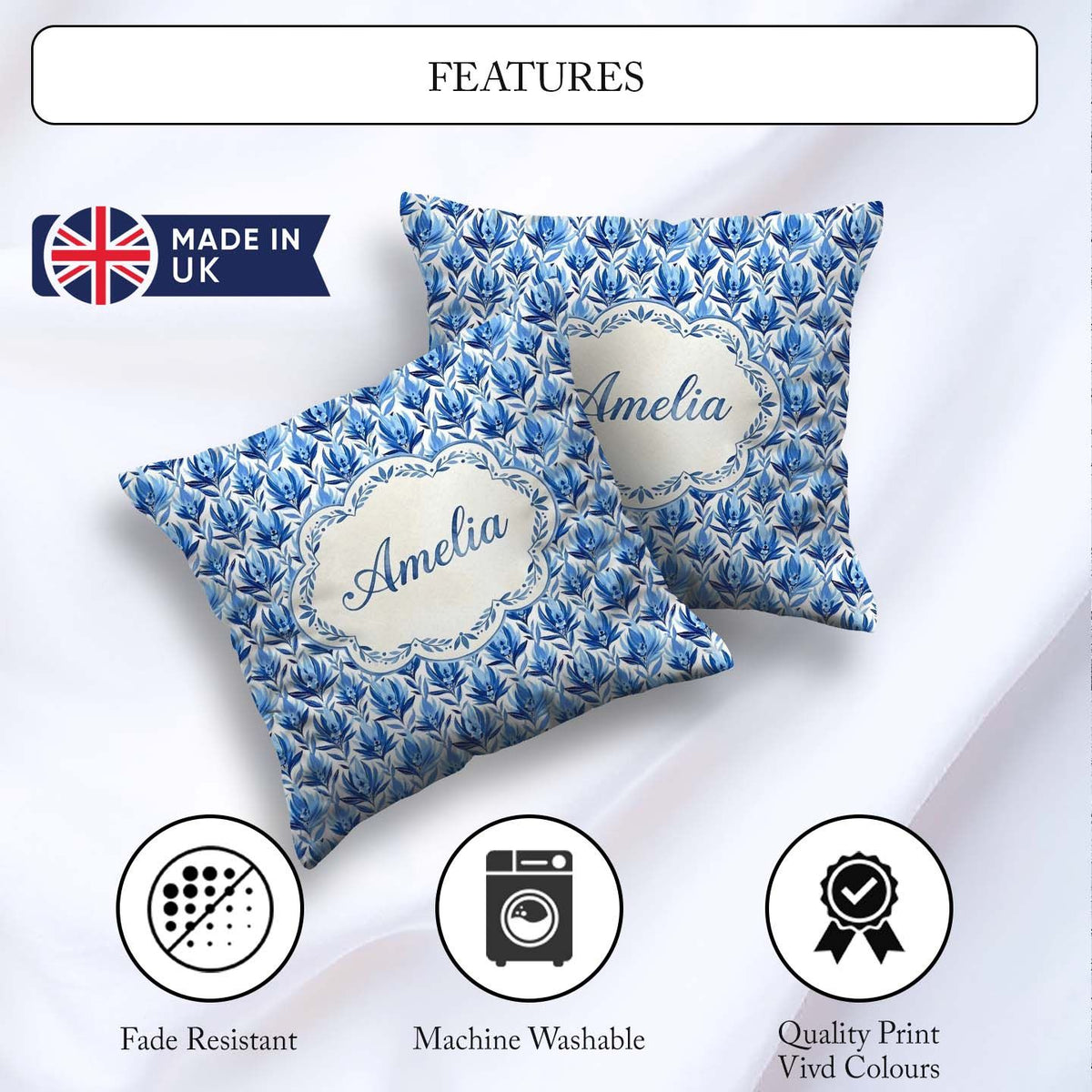 Custom Name Blue Art Deco Botanical Leaf Repeat Seamless Pattern Square Filled Cushion Throw Pillow Sofa Bed Home Decor Zip Washable UK Made