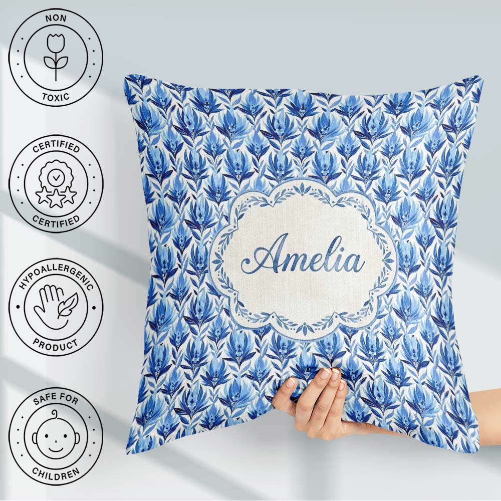 Custom Name Blue Art Deco Botanical Leaf Repeat Seamless Pattern Square Filled Cushion Throw Pillow Sofa Bed Home Decor Zip Washable UK Made