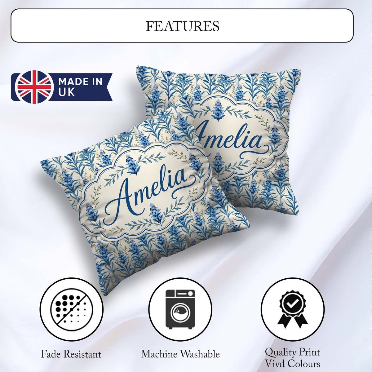 Custom Name Blue Botanical Vertical Floral Sprig Seamless Lovely Square Filled Cushion Throw Pillow Sofa Bed Home Decor Zip Washable UK Made