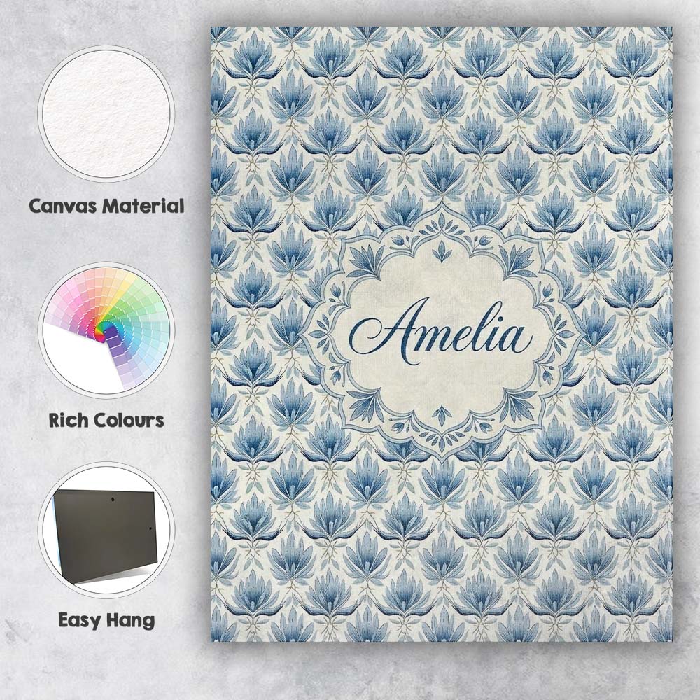 Personalised Name Soft Blue Lotus Style Custom Modern Room Accent Elegant Feature Canvas Wall Art Print Decor Picture Ready to Hang