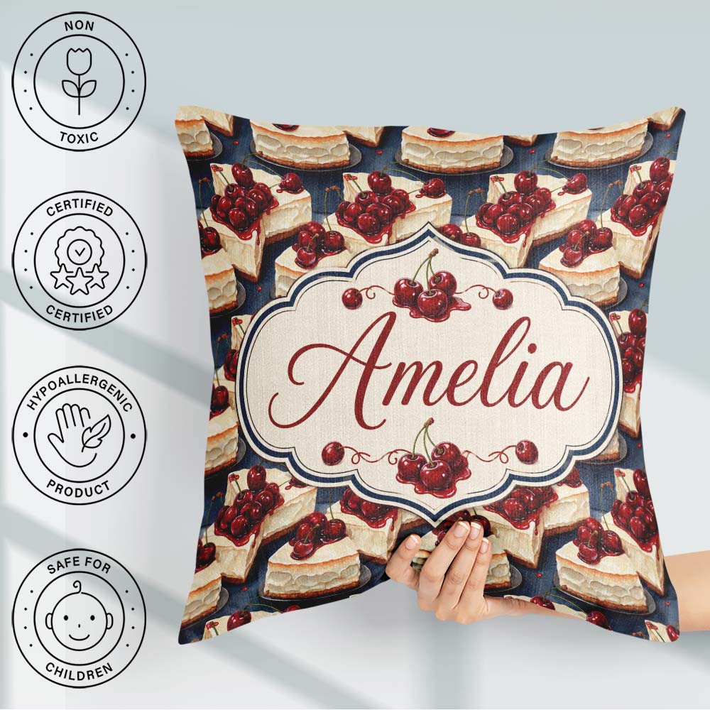 Custom Name Cherry Cheesecake Dessert Sweet Treat Pattern Lovely Square Filled Cushion Throw Pillow Sofa Bed Home Decor Zip Washable UK Made