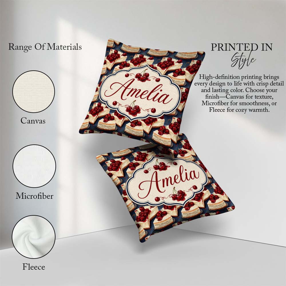 Custom Name Cherry Cheesecake Dessert Sweet Treat Pattern Lovely Square Filled Cushion Throw Pillow Sofa Bed Home Decor Zip Washable UK Made