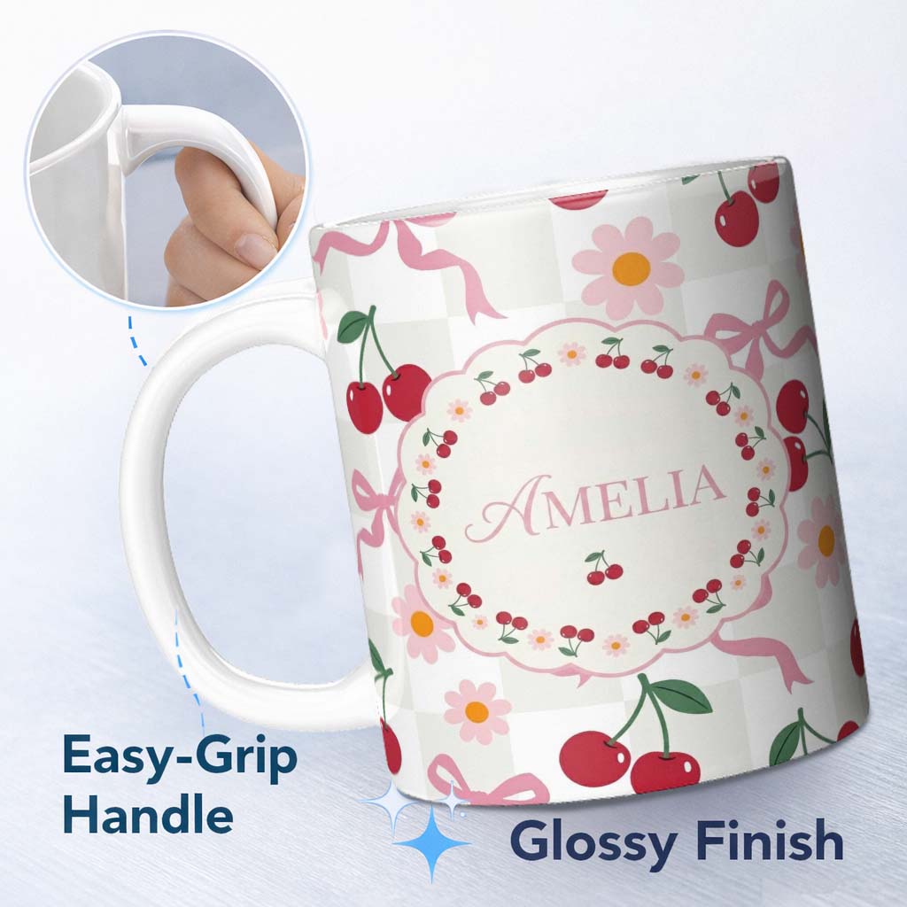 Personalized Custom Name Cute Cherry Bow and Daisy Grey Gingham Seamless Pattern Lovely 11oz Ceramic Coffee Tea Mug White Large Handle