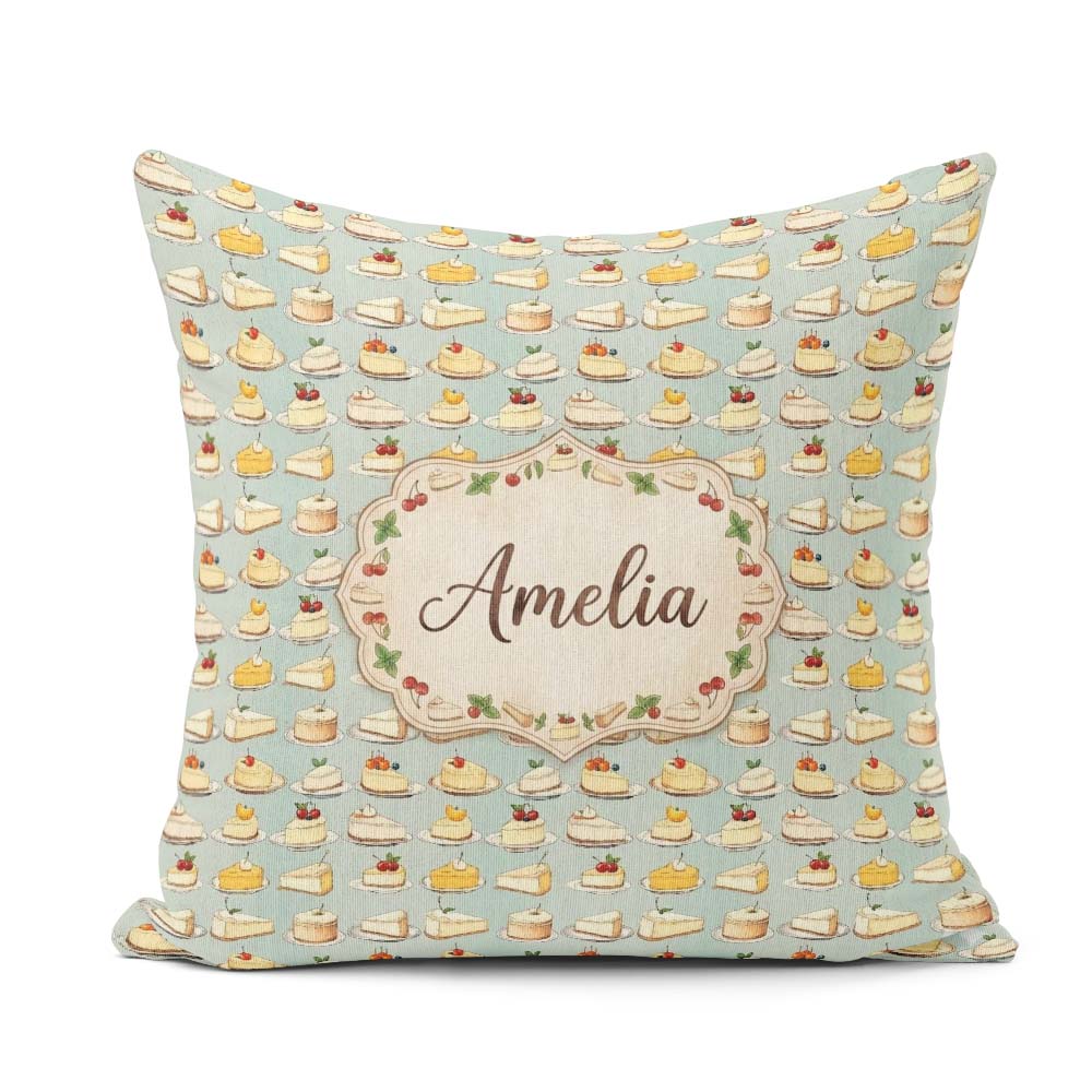 Custom Name Assorted Cake Slices Dessert Repeat Seamless Pattern Square Filled Cushion Throw Pillow Sofa Bed Home Decor Zip Washable UK Made