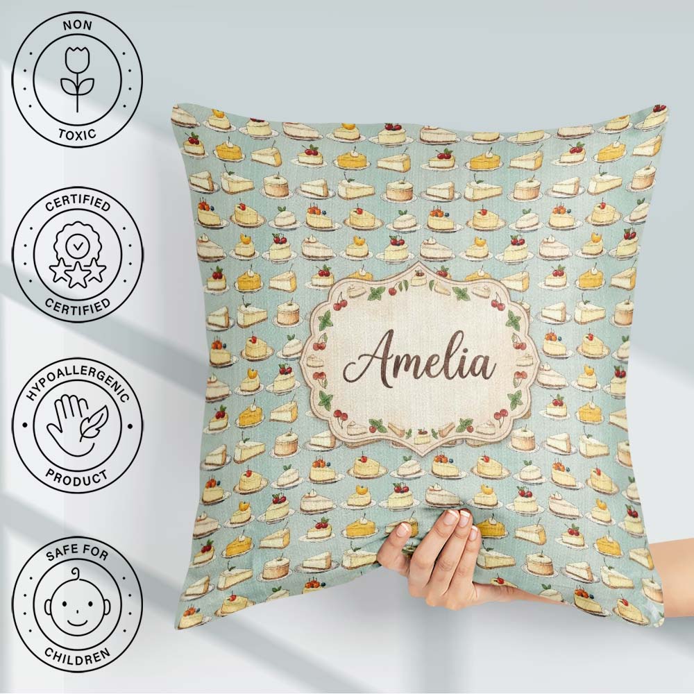 Custom Name Assorted Cake Slices Dessert Repeat Seamless Pattern Square Filled Cushion Throw Pillow Sofa Bed Home Decor Zip Washable UK Made