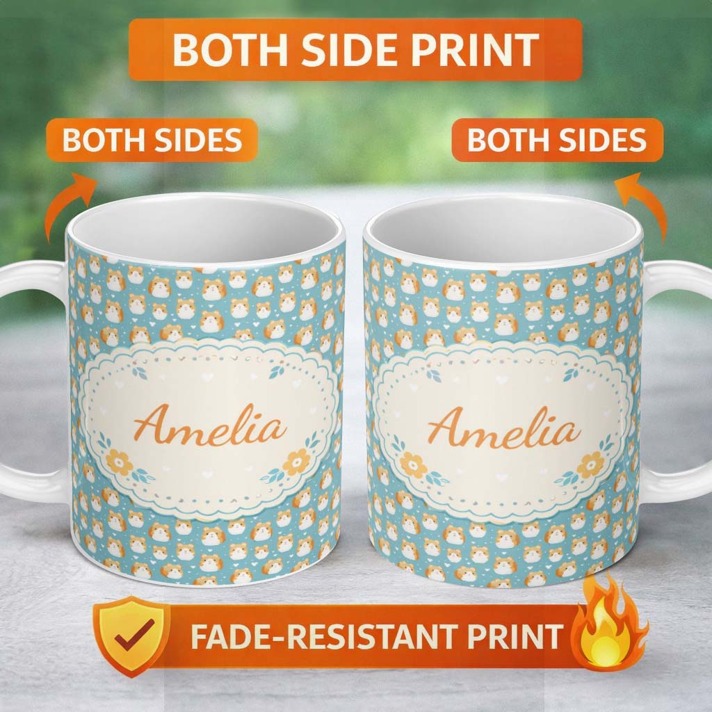 Personalized Custom Name Cute Hamster Cartoon Blue Heart Pattern Seamless Cute Unique Gift 11oz Ceramic Coffee Tea Mug White Large Handle