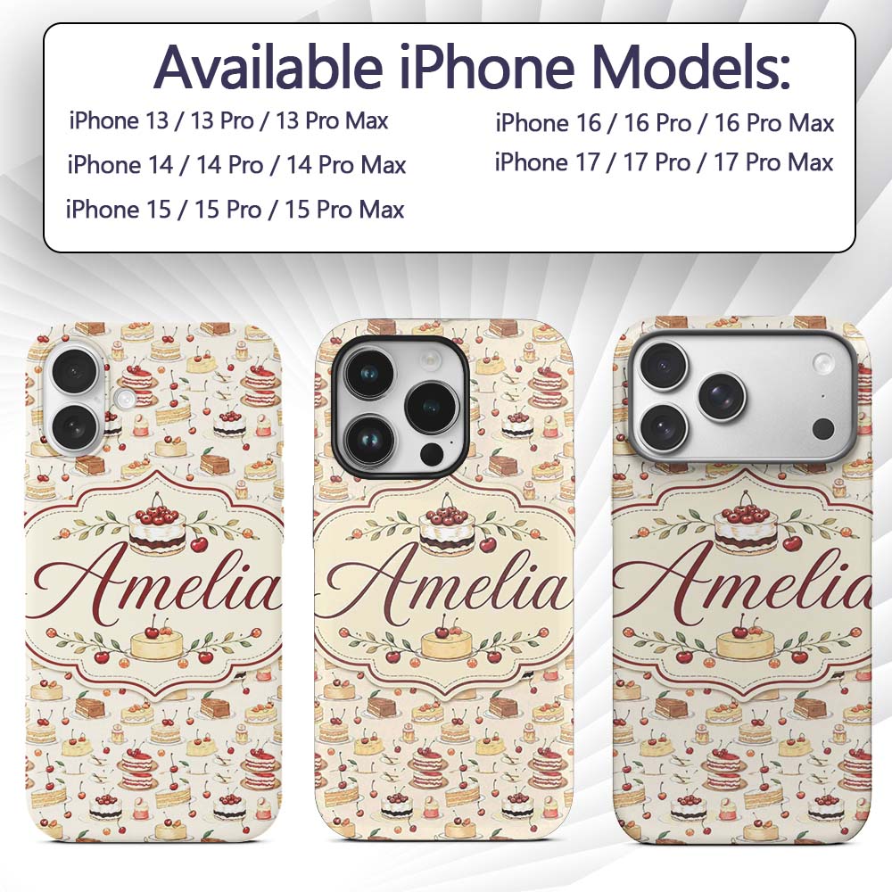 Vintage Cake and Cherry Dessert Seamless Pattern Custom Name Protective Phone Case Mobile Cover Durable Everyday Smartphone Shock Resistant