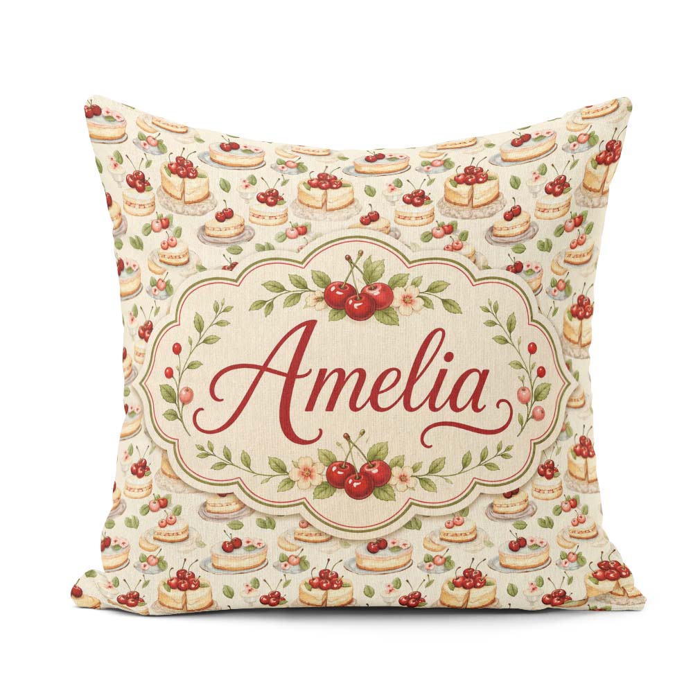 Custom Name Cherry Cream Layer Elegant Dessert Seamless Pattern Square Filled Cushion Throw Pillow Sofa Bed Home Decor Zip Washable UK Made