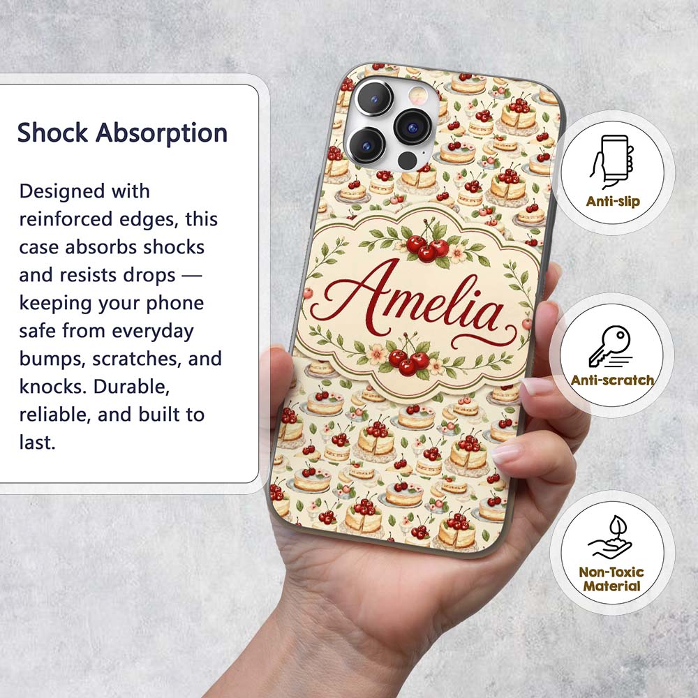 Cherry Cream Layer Cake Elegant Dessert Seamless Custom Name Protective Phone Case Mobile Cover Durable Everyday Smartphone Shock Resistant