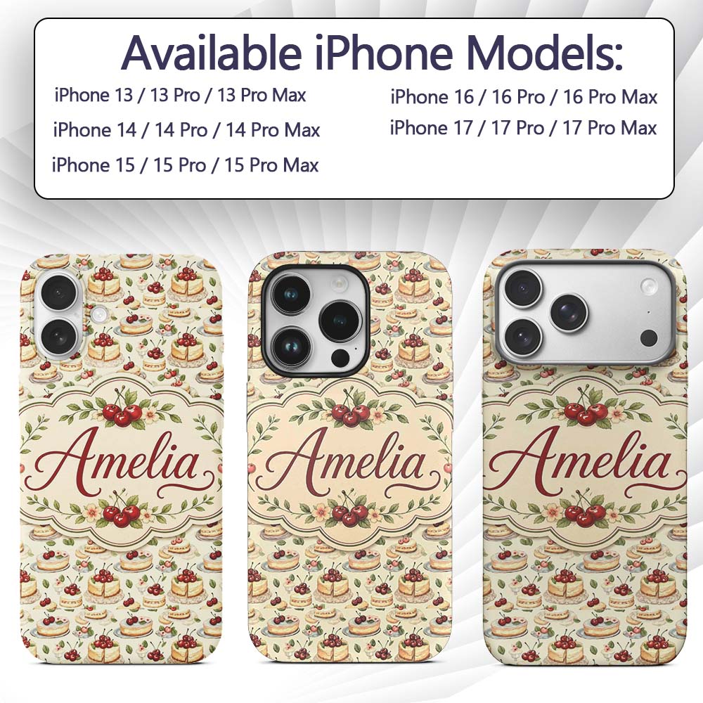 Cherry Cream Layer Cake Elegant Dessert Seamless Custom Name Protective Phone Case Mobile Cover Durable Everyday Smartphone Shock Resistant