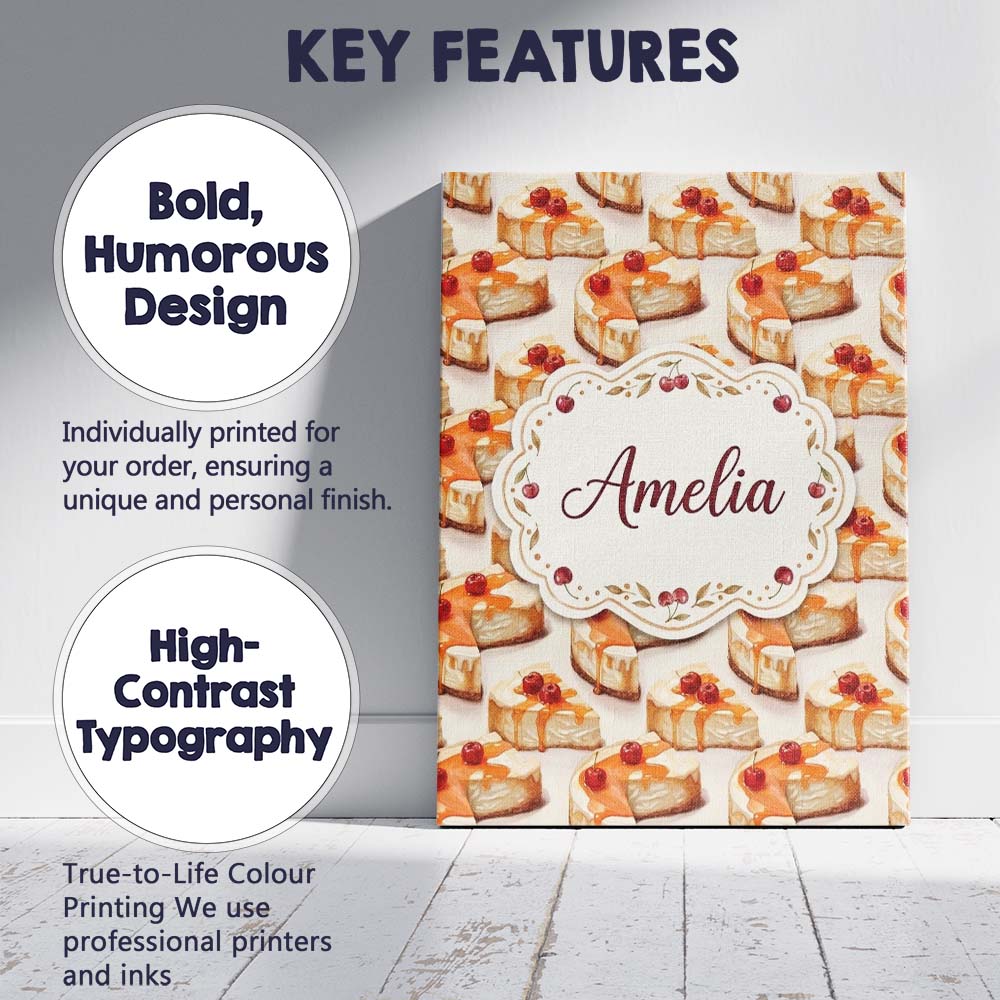 Personalised Name Caramel Drizzle Cheesecake Custom Bespoke Contemporary Display Canvas Wall Art Print Decor Picture Ready to Hang