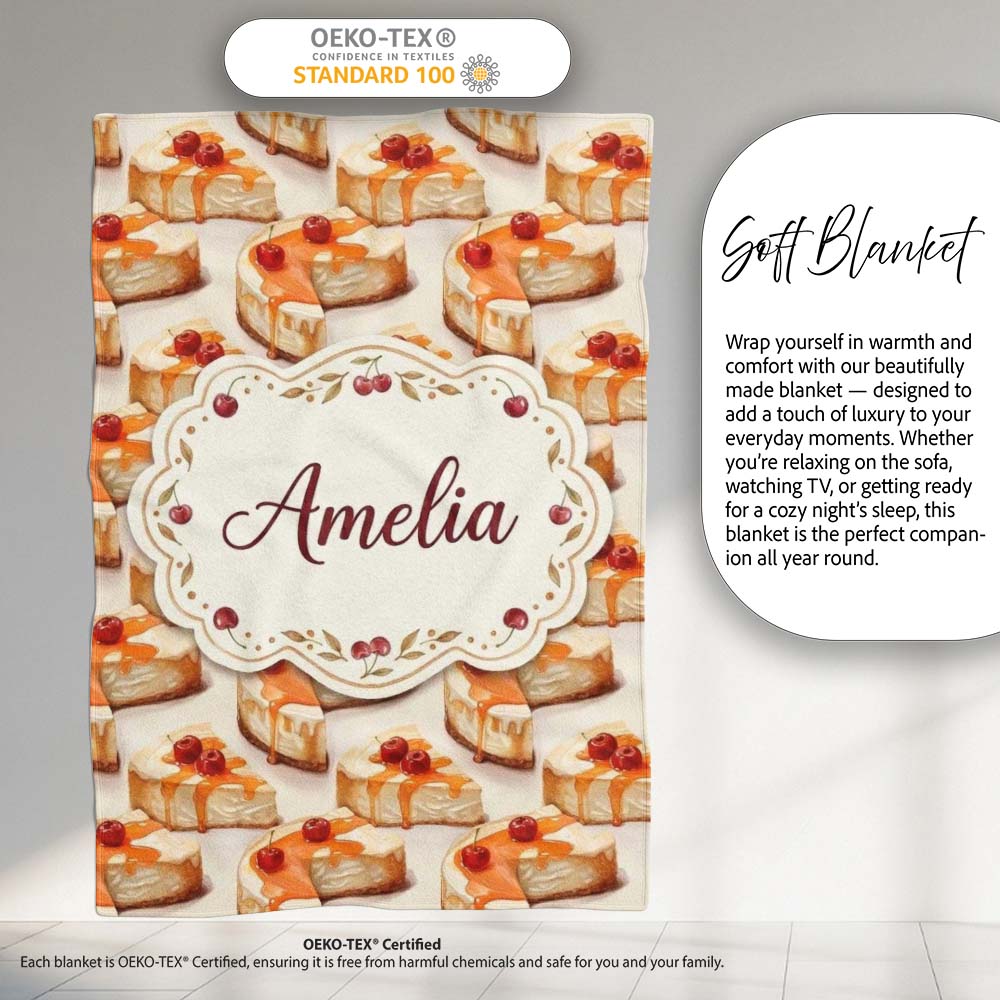 Caramel Drizzle Cheesecake Slice Sweet Dessert Seamless Pattern Personalised Custom Name Super Soft Fleece Blanket Bed Sofa Throw