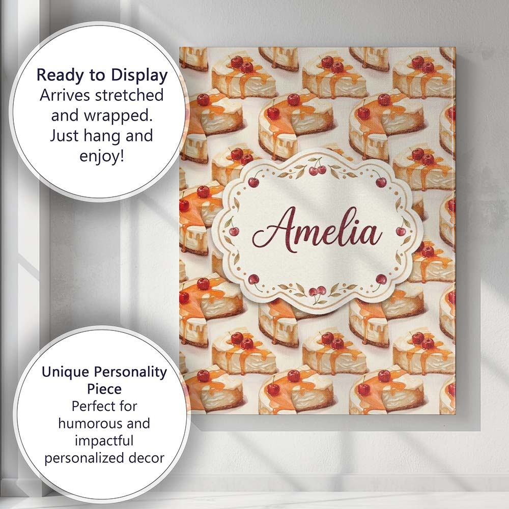Personalised Name Caramel Drizzle Cheesecake Custom Bespoke Contemporary Display Canvas Wall Art Print Decor Picture Ready to Hang