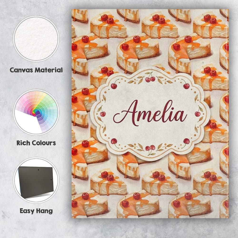 Personalised Name Caramel Drizzle Cheesecake Custom Bespoke Contemporary Display Canvas Wall Art Print Decor Picture Ready to Hang