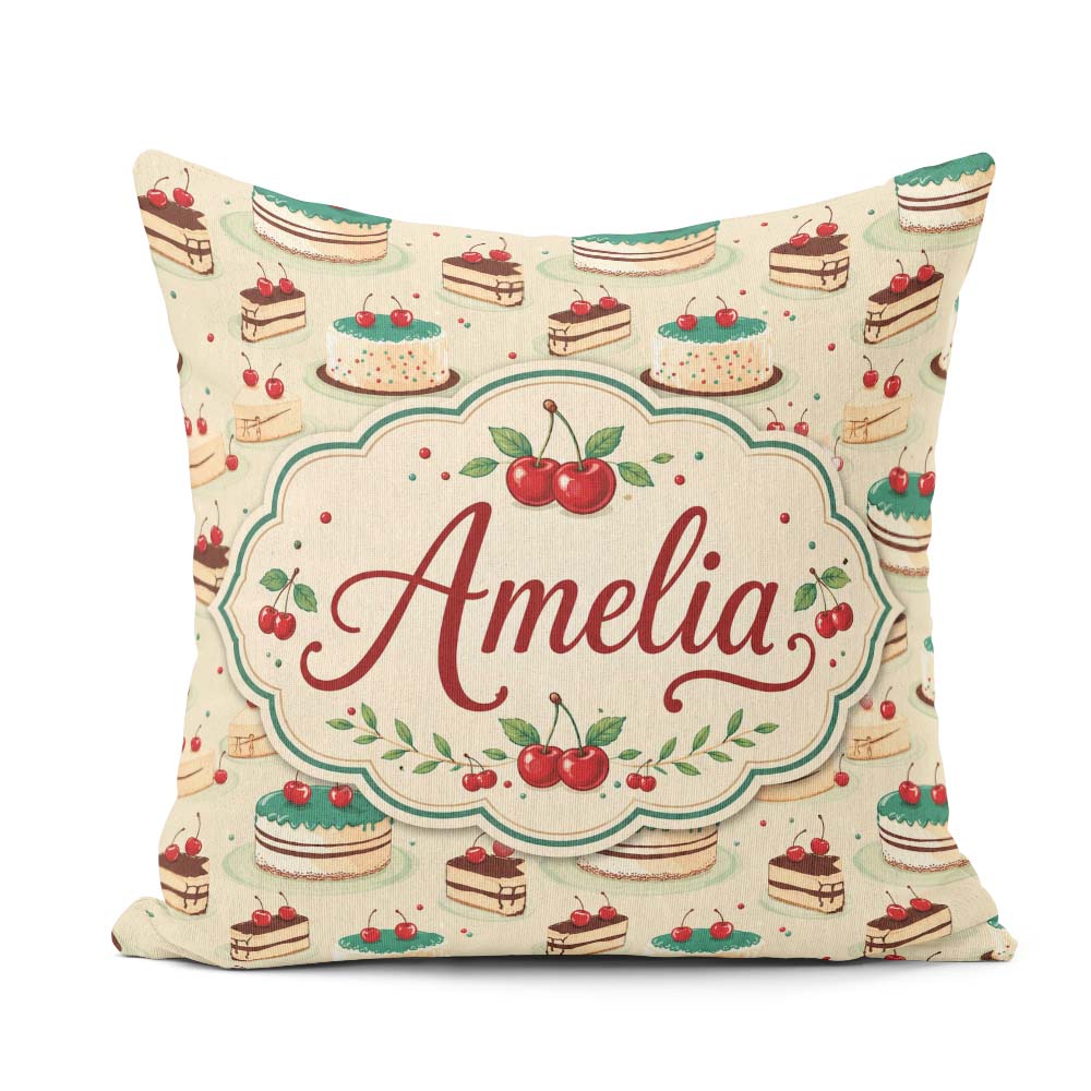 Custom Name Cherry Celebration Cake Dessert Seamless Pattern Square Filled Cushion Throw Pillow Sofa Bed Home Decor Zip Washable UK Made