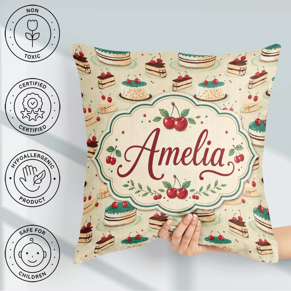 Custom Name Cherry Celebration Cake Dessert Seamless Pattern Square Filled Cushion Throw Pillow Sofa Bed Home Decor Zip Washable UK Made