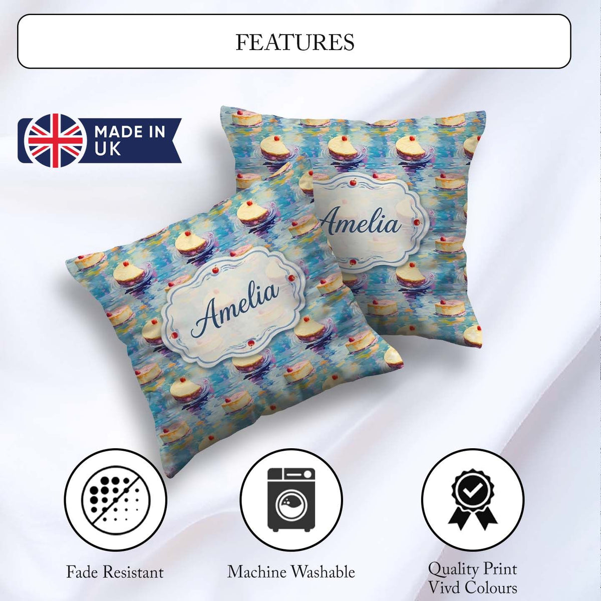Custom Name Abstract Cheesecake Slice Floating Artistic Seamless Square Filled Cushion Throw Pillow Sofa Bed Home Decor Zip Washable UK Made
