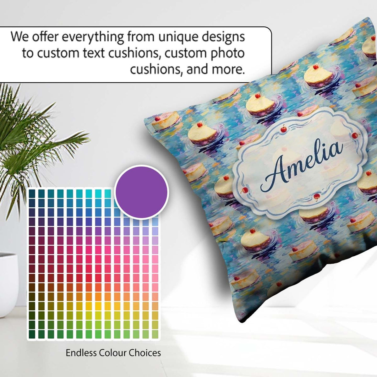 Custom Name Abstract Cheesecake Slice Floating Artistic Seamless Square Filled Cushion Throw Pillow Sofa Bed Home Decor Zip Washable UK Made