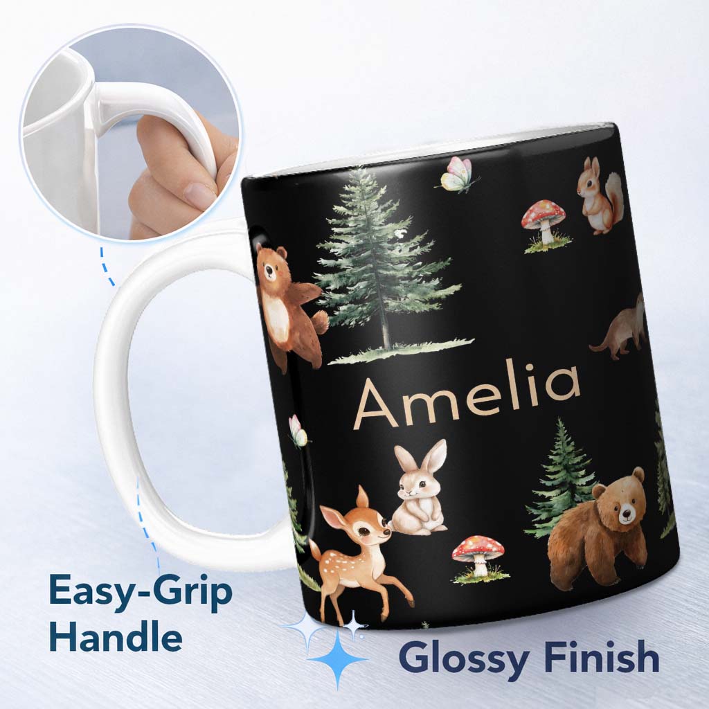 Personalized Custom Name Woodland Animals Bear Deer Bunny Trees Mushrooms Butterfly Seamless 11oz Ceramic Coffee Tea Mug White Large Handle