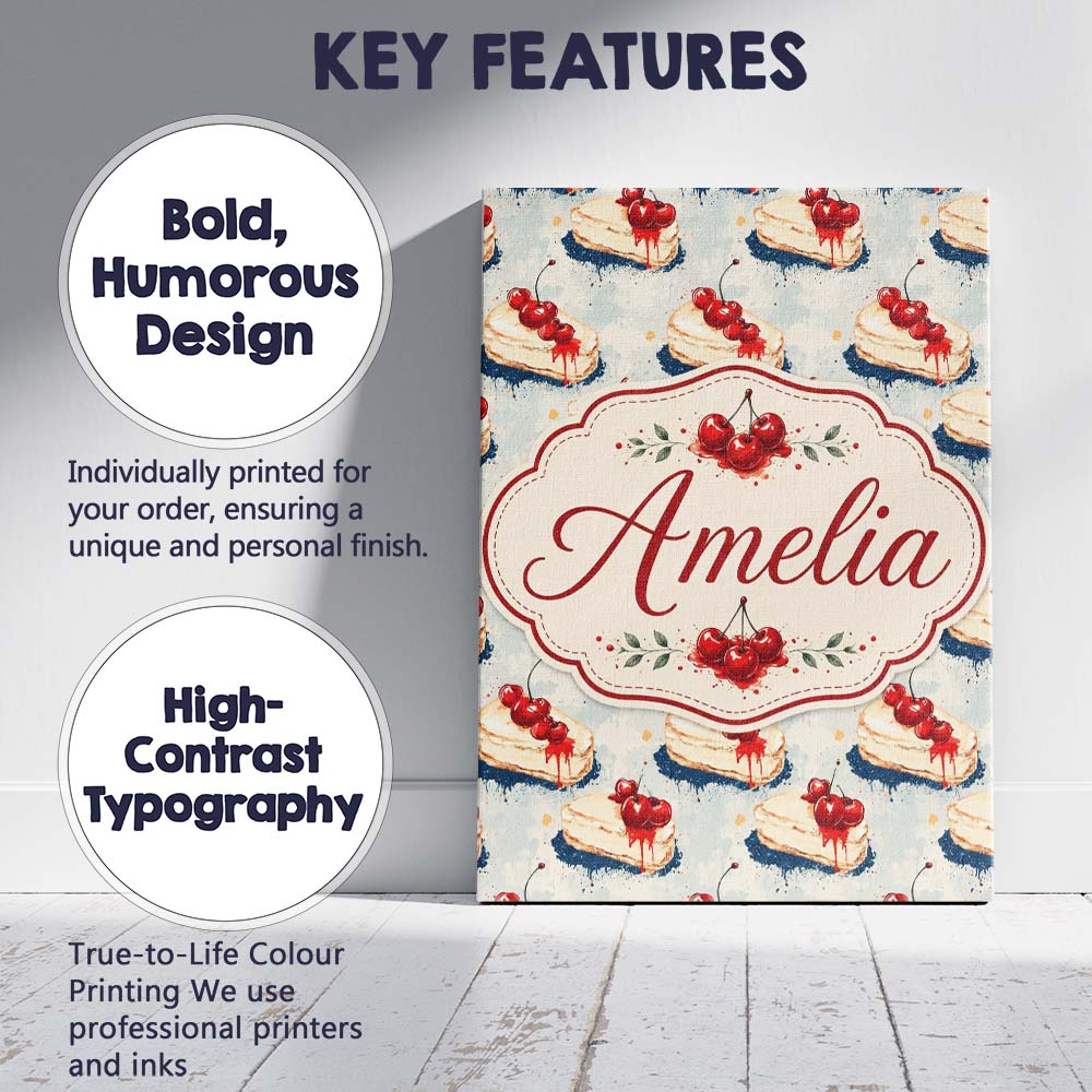 Personalised Name Cherry Drip Cheesecake Custom Unique Gift Idea Elegant Feature Canvas Wall Art Print Decor Picture Ready to Hang