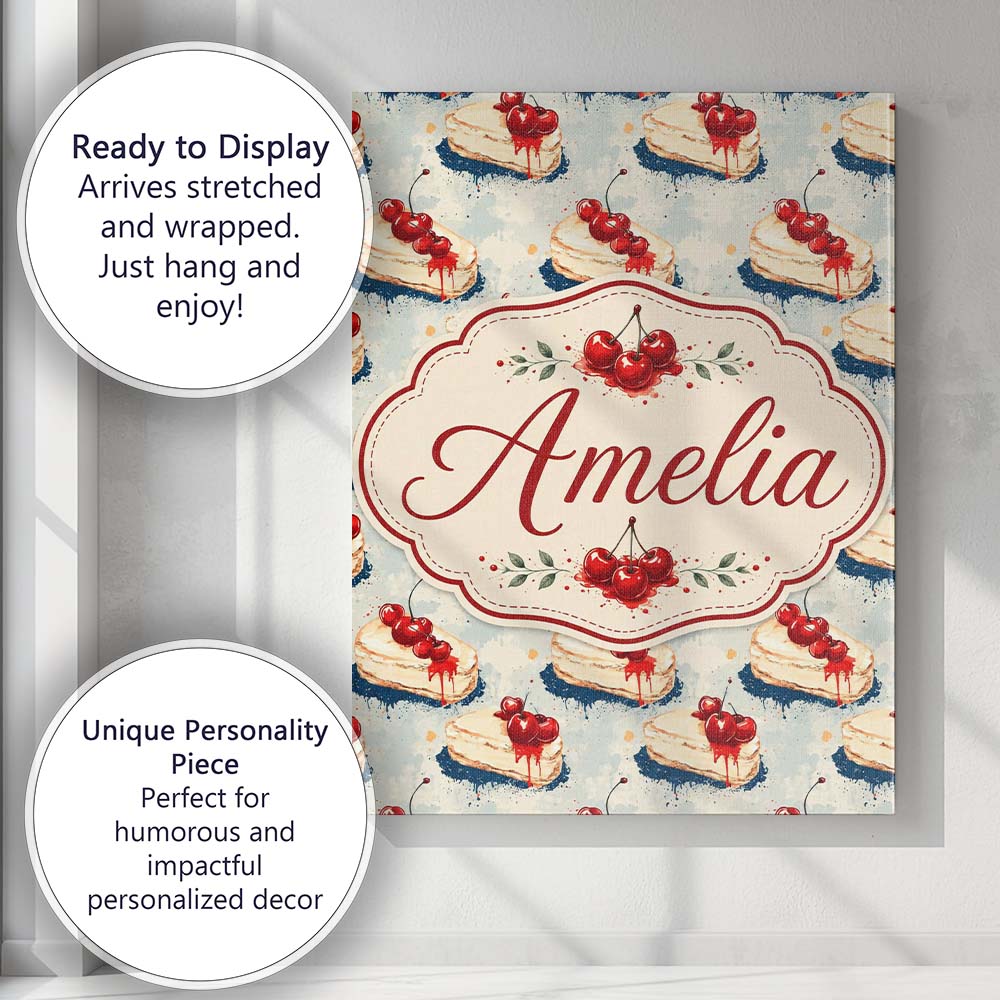 Personalised Name Cherry Drip Cheesecake Custom Unique Gift Idea Elegant Feature Canvas Wall Art Print Decor Picture Ready to Hang