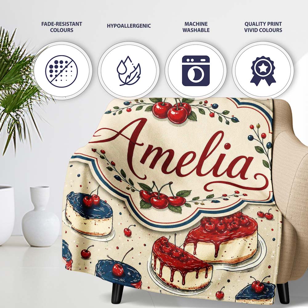 Red and Blue Glazed Cherry Cake Dessert Seamless Pattern Lovely Personalised Custom Name Super Soft Fleece Blanket Bed Sofa Throw