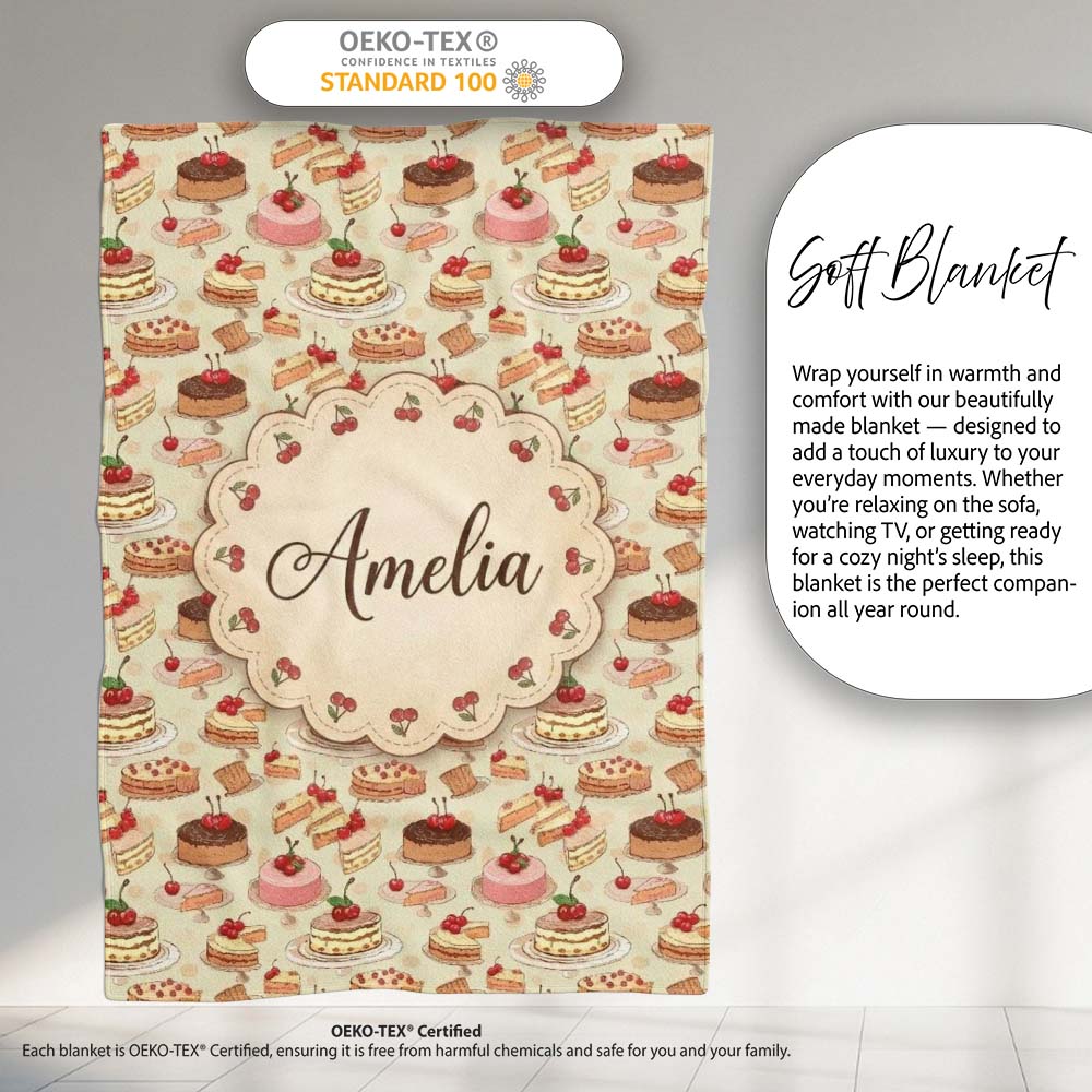 Vintage Cake Selection with Cherry Toppings Seamless Pattern Lovely Personalised Custom Name Super Soft Fleece Blanket Bed Sofa Throw