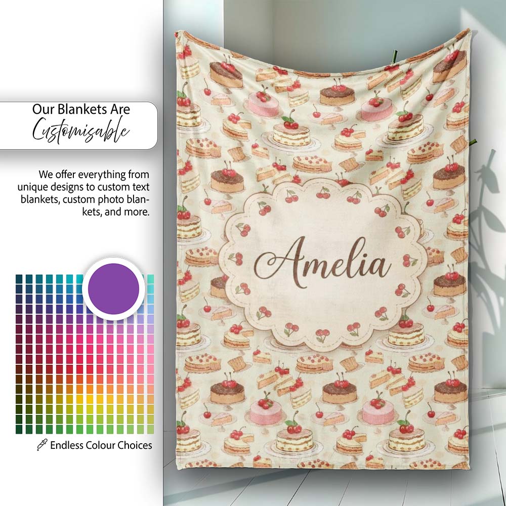 Vintage Cake Selection with Cherry Toppings Seamless Pattern Lovely Personalised Custom Name Super Soft Fleece Blanket Bed Sofa Throw