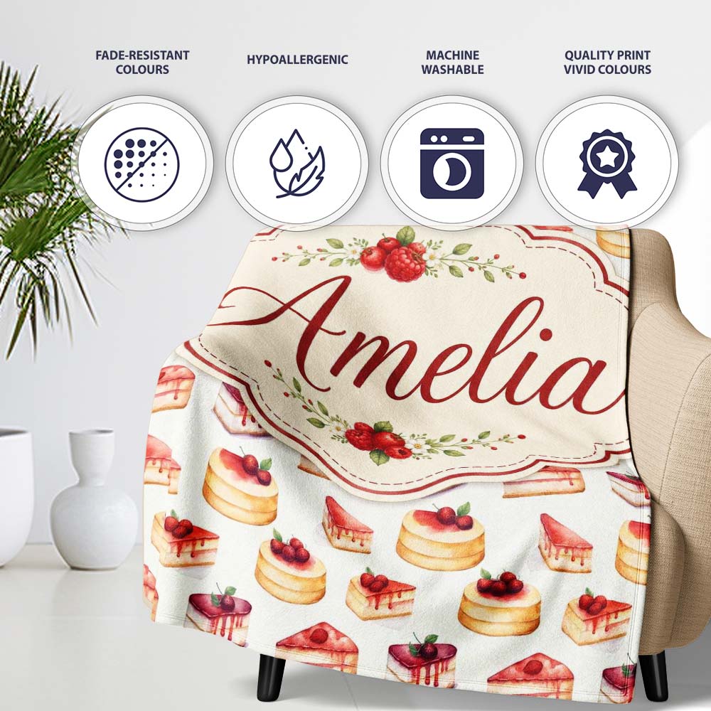 Strawberry Layer Cake Sweet Dessert Variety Seamless Pattern Lovely Personalised Custom Name Super Soft Fleece Blanket Bed Sofa Throw