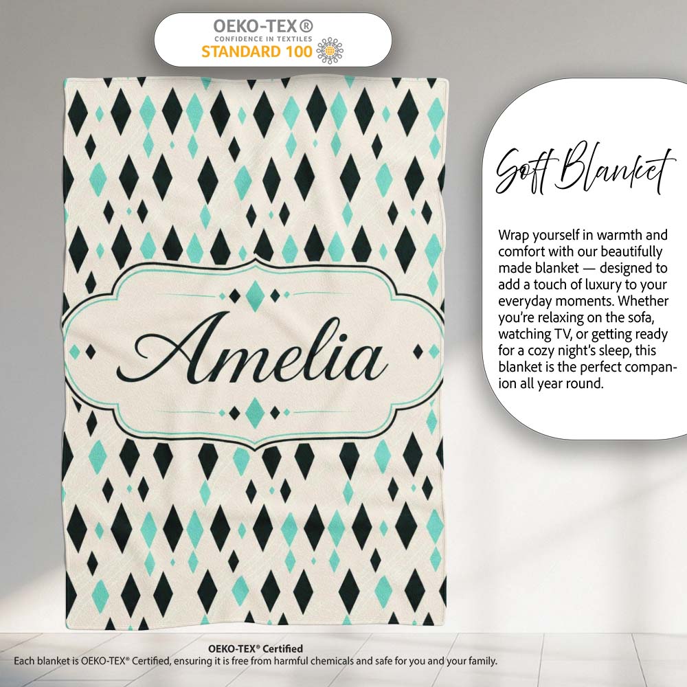 Minimal Geometric Diamond Shapes Abstract Seamless Pattern Lovely Personalised Custom Name Super Soft Fleece Blanket Bed Sofa Throw