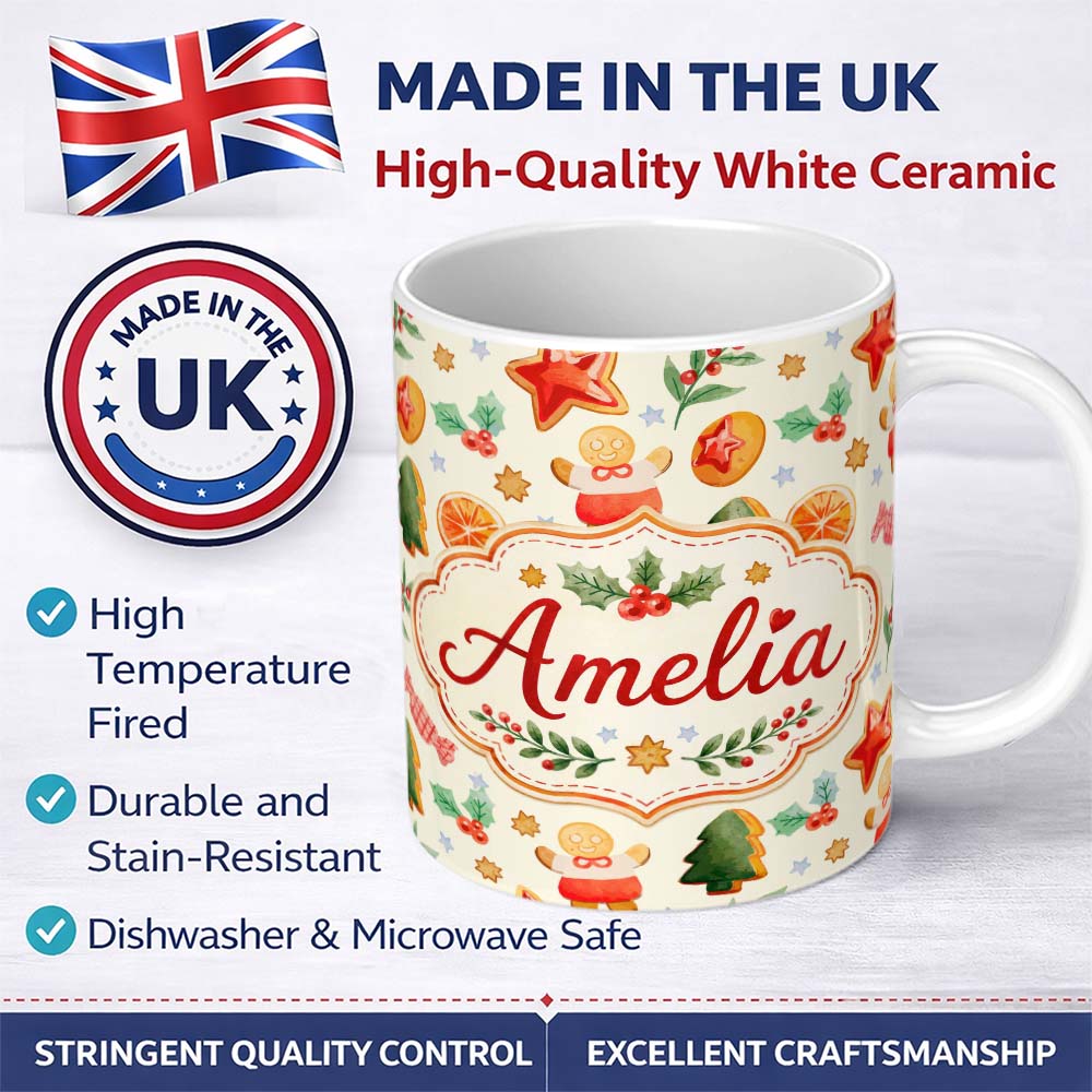 Personalized Custom Name Festive Christmas Cookies Gingerbread Orange Slices Seamless Pattern 11oz Ceramic Coffee Tea Mug White Large Handle